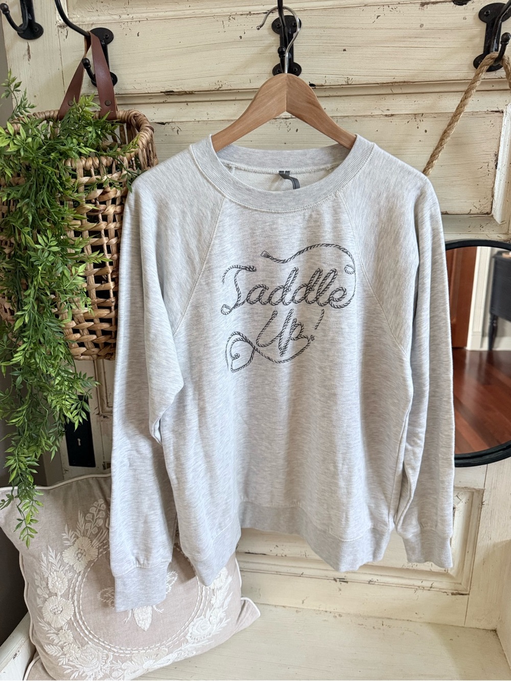 Anthropologie Light Gray 'Saddle Up' Crewneck Sweatshirt
